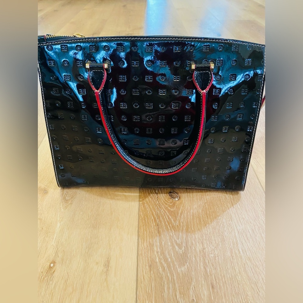 Arcadia Italian Satchel Embossed Patten Leather Black Red Python Accents - Picture 4 of 15